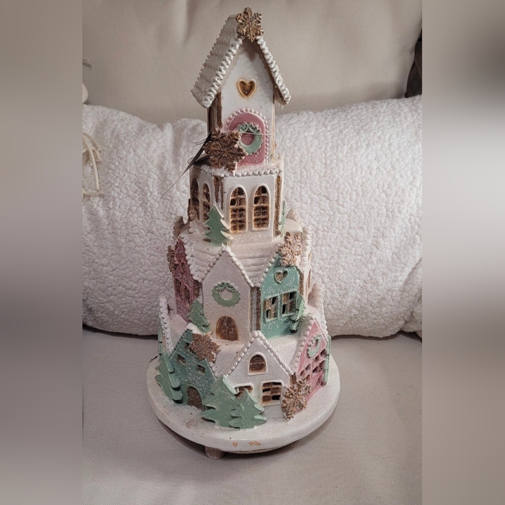 Gingerbread pastel Christmas Sugar Castle 17" LED discontinued and htf